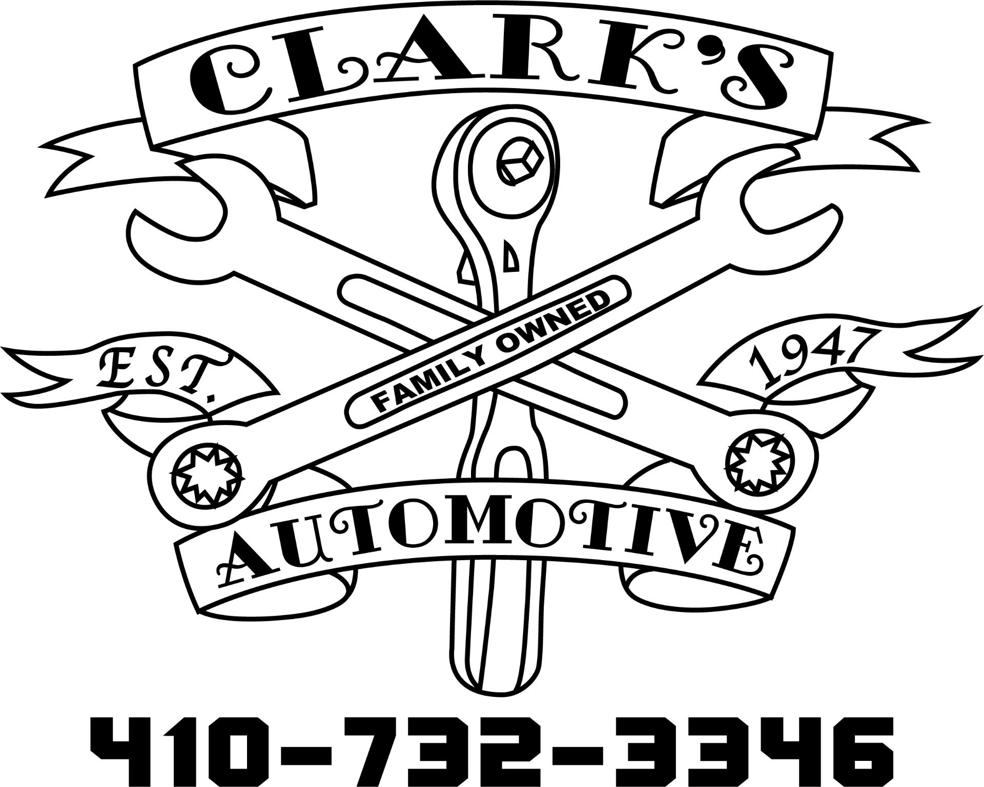 Clark's Automotive logo: crossed wrenches and a ratchet with banners reading Clark's, Family Owned, Est. 1947, Automotive and the phone number 410-732-3346.